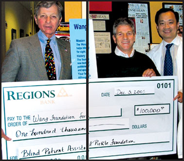 Pictured are: Gene Angle, Board Member- Wang Foundation for Sight Restoration; Larry Sacks, Trustee- James W. Pickle Foundation and Dr. Ming Wang-Founder of Wang Foundation as Mr. Larry Sacks (middle) generously contributes $100,000 on behalf of the James W. Foundation to the Wang Foundation for Sight Restoration